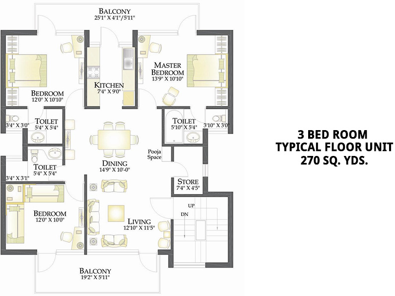 3 Bed Room Typical Floor Unit - 270 Sq. Yds.