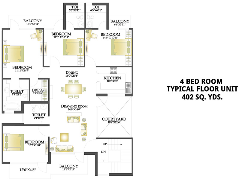 4 Bed Room Typical Floor Unit - 402 Sq. Yds.